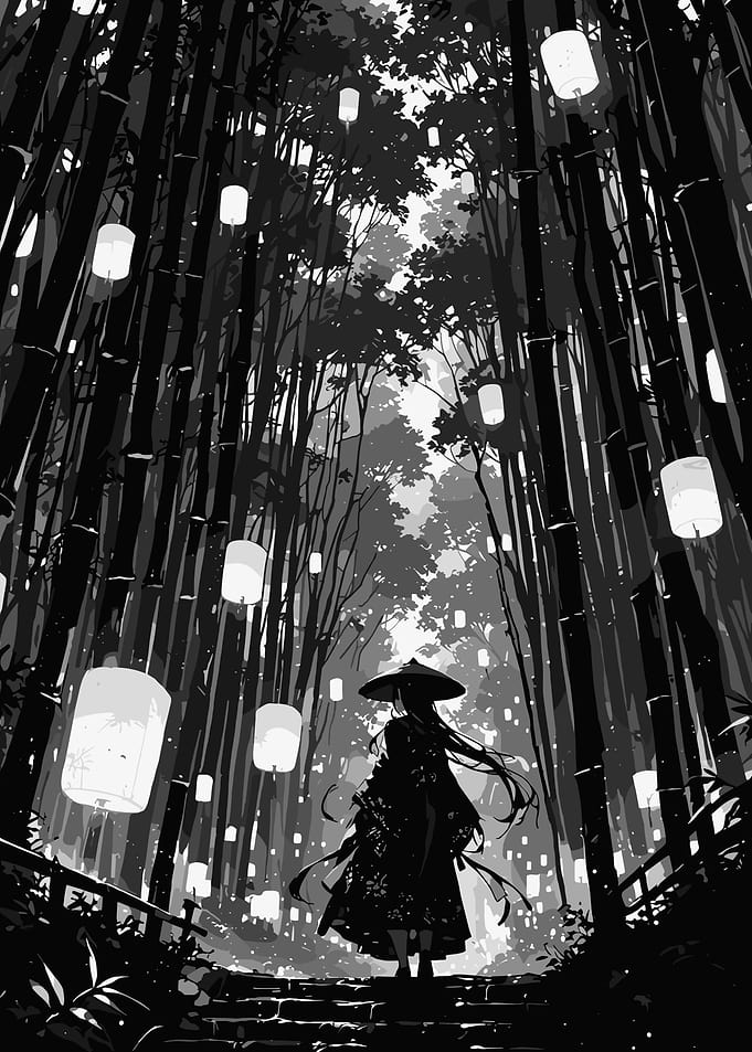 Monochrome Bamboo Forest with Lanterns