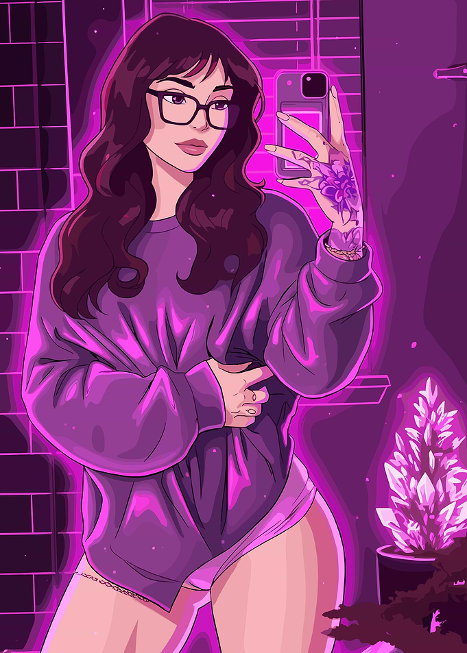 Purple selfie with tattoo and crystals