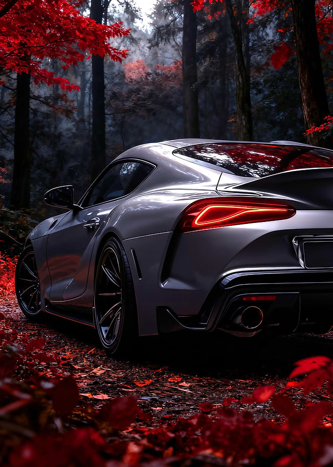 Silver Car in Autumn Forest