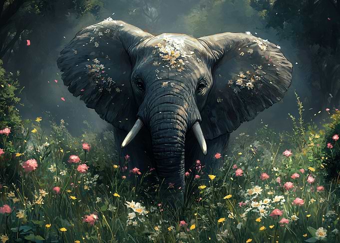 Elephant in a field of flowers