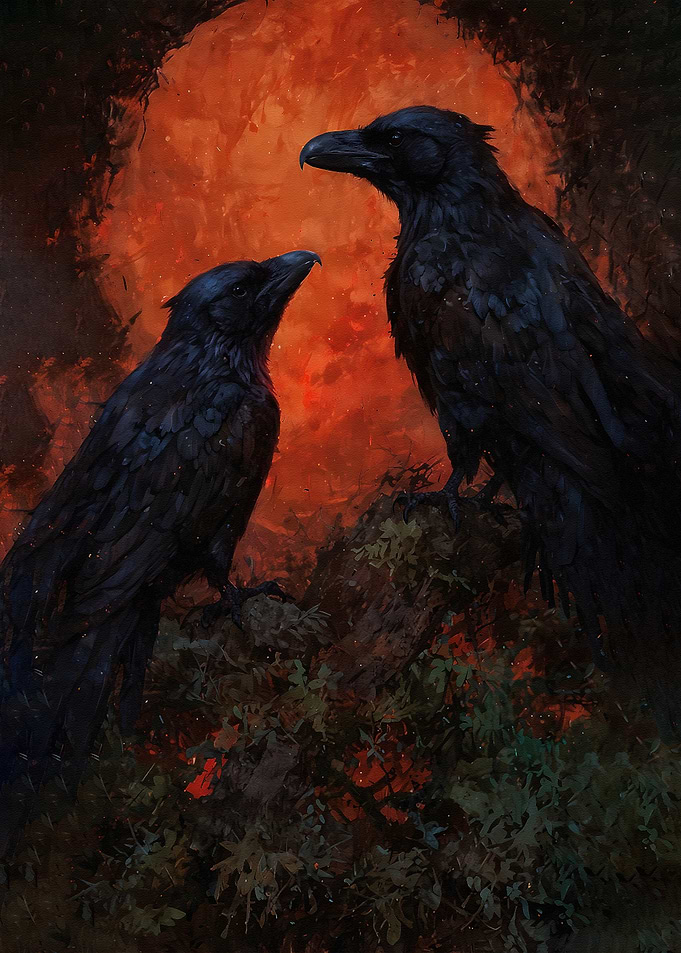 Two Ravens Under a Fiery Sky