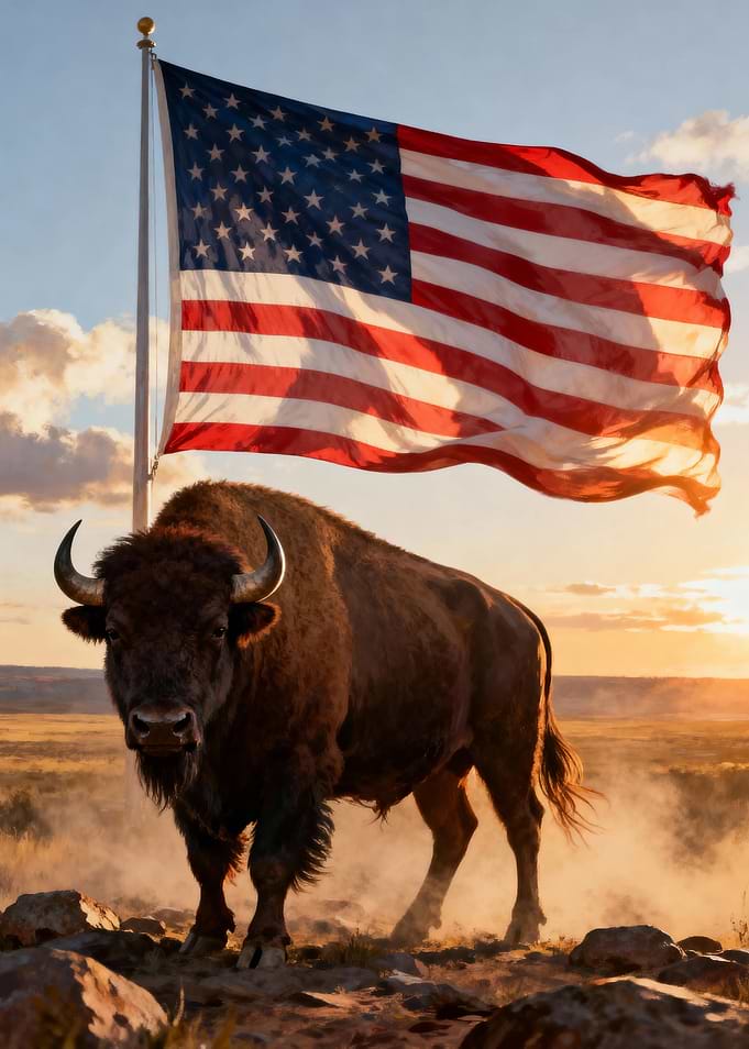 American Bison with US Flag