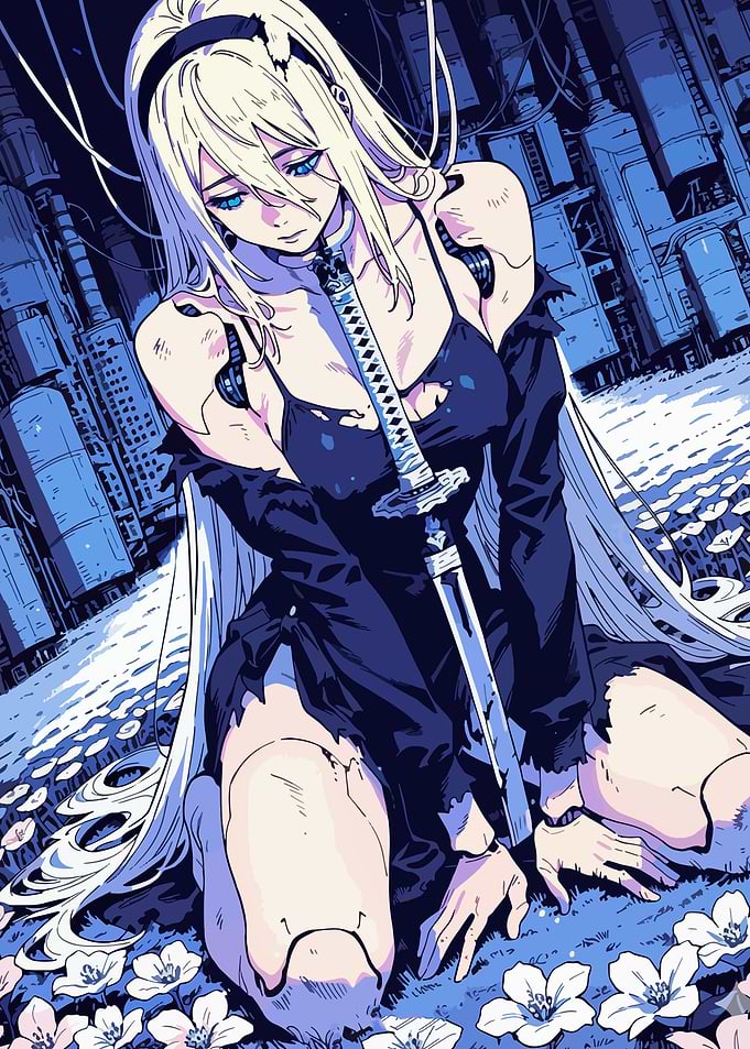 Anime Girl with Katana in Ruins