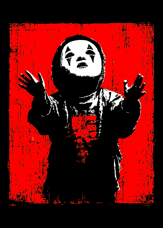 Hooded Figure with Mask on Red