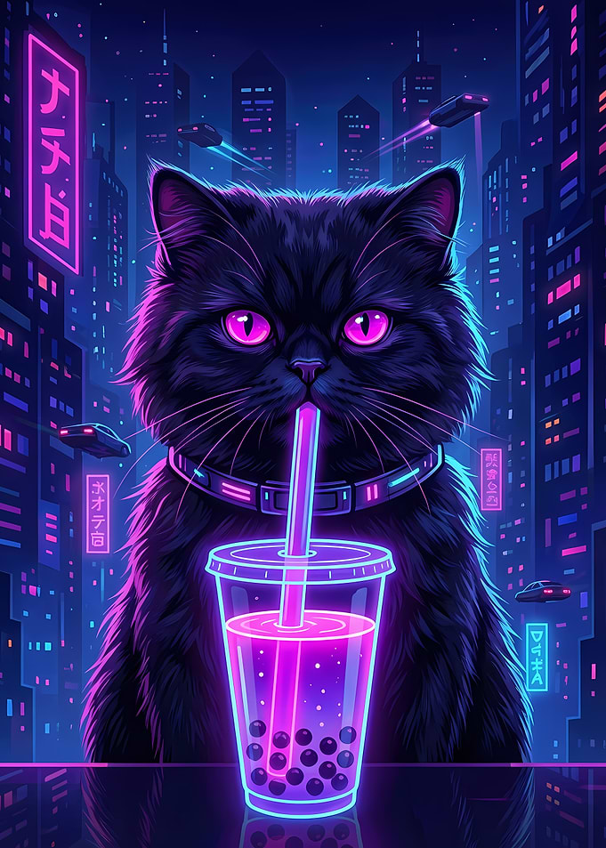 Cyberpunk Cat with Bubble Tea