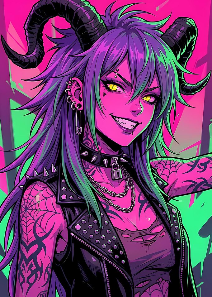 Demon Girl with Tattoos and Horns