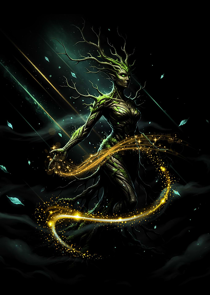 Mystical Tree Woman with Golden Energy