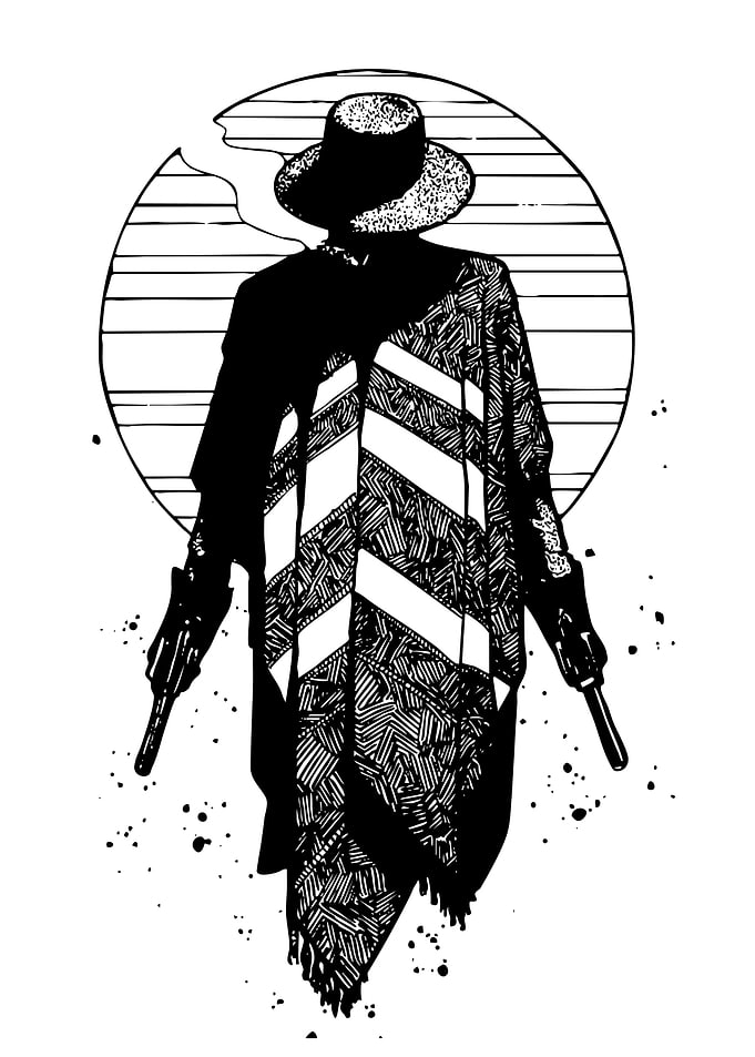 Monochrome Cowboy with Guns Illustration