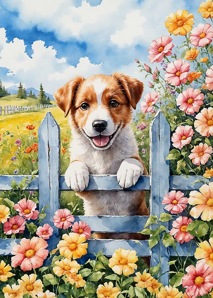 Puppy peering over a blue fence