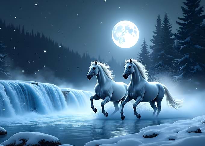 White Horses in Winter Landscape