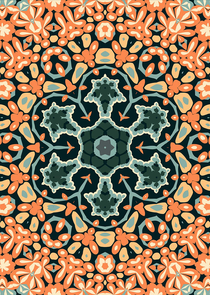 Floral Kaleidoscope Pattern in Orange and Teal