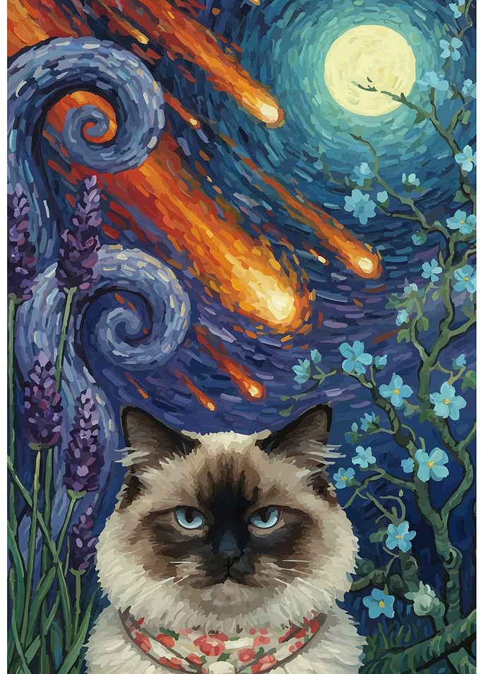 Cat in Starry Night Landscape