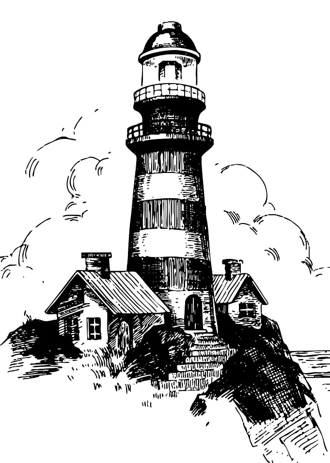 Lighthouse with buildings, black and white