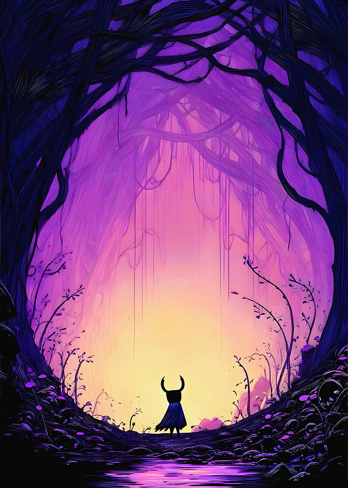 Hollow Knight in a Purple Forest