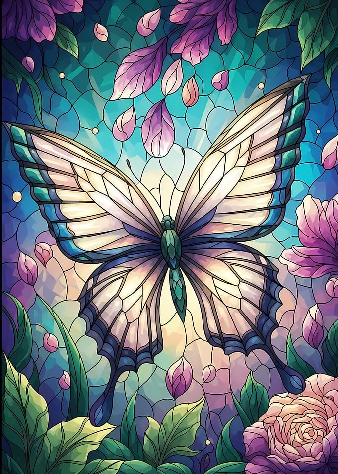 Stained Glass Butterfly and Floral Design