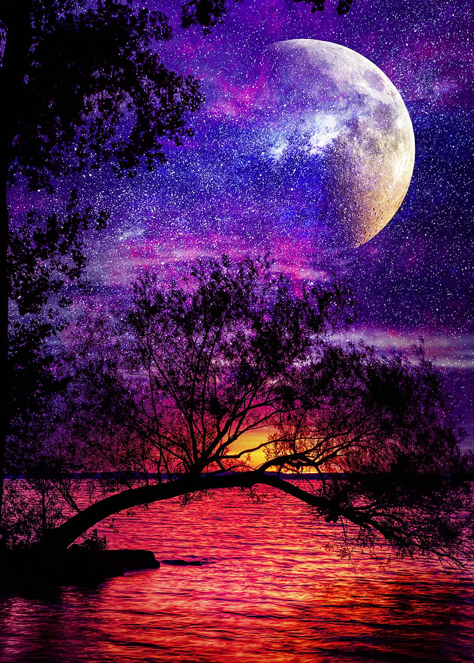 Purple Night Sky with Moon and Lake