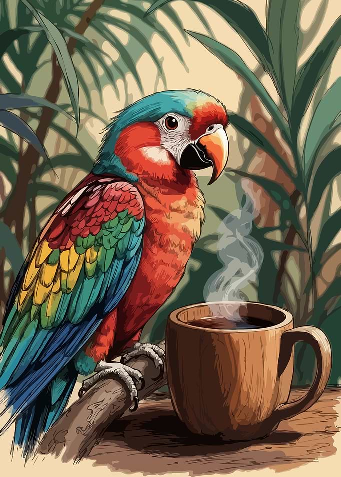 Parrot with Coffee Cup Illustration