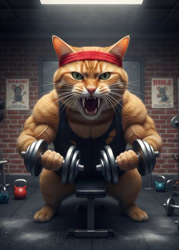 Muscular Cat Lifting Weights in Gym