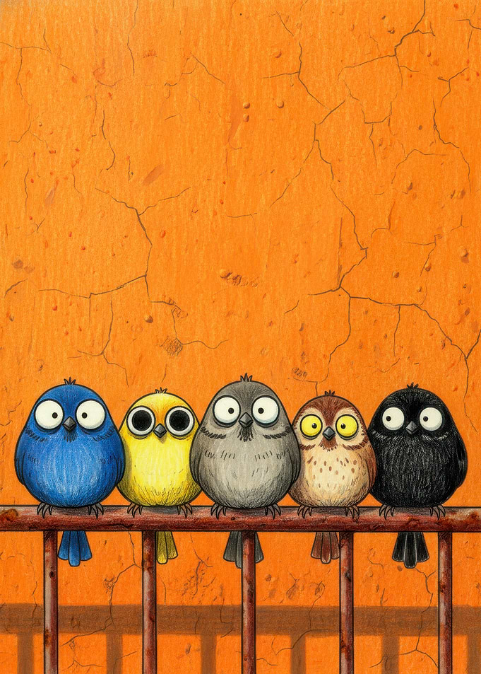 Five Birds on a Rusty Railing