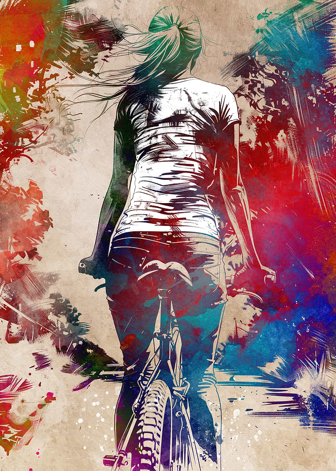 Woman on Bicycle Watercolor Art