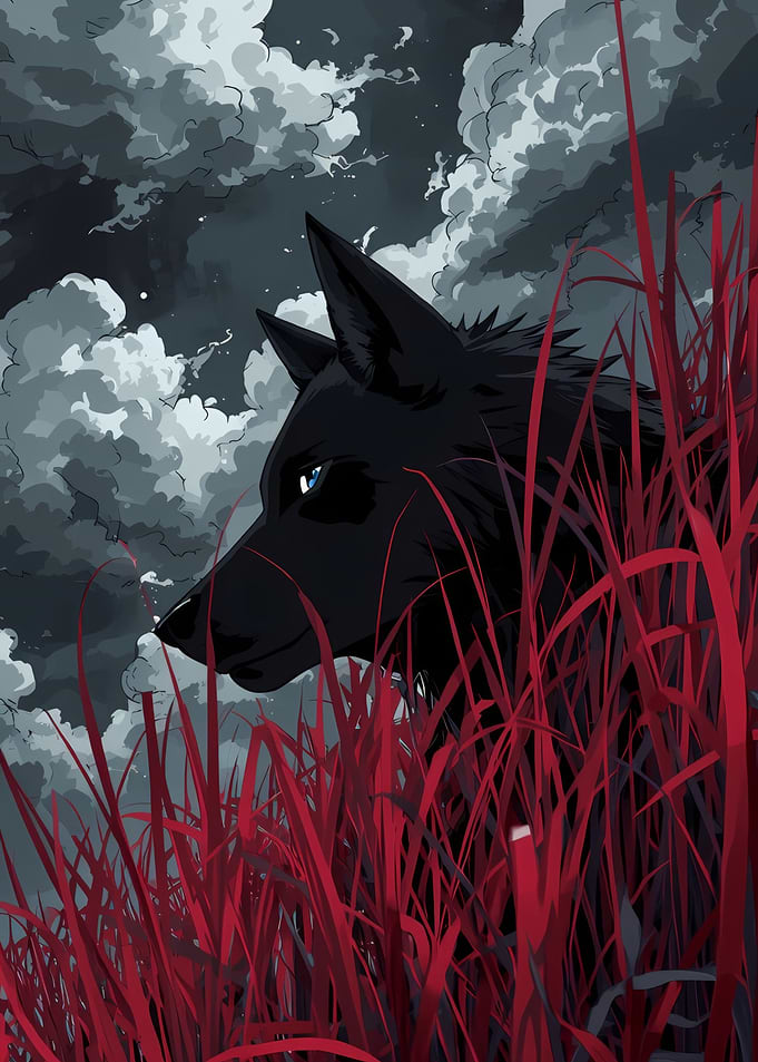 Black Wolf in Red Grass