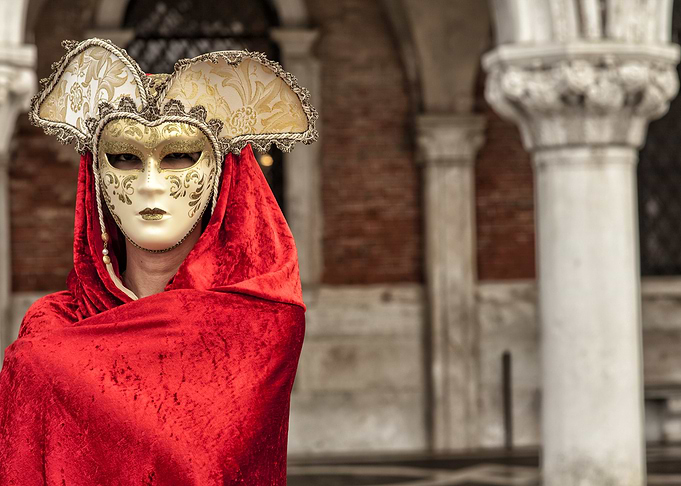 Venetian Masked Figure in Red Cloak