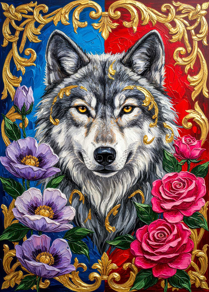 Wolf portrait with flowers and gold