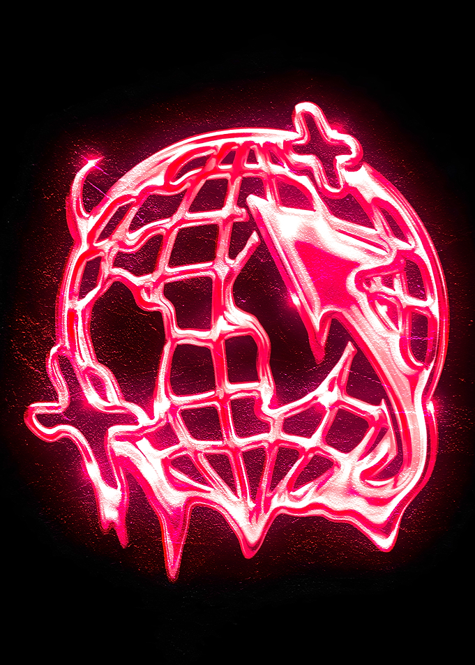 Pink Globe Arrow Icon on Black
