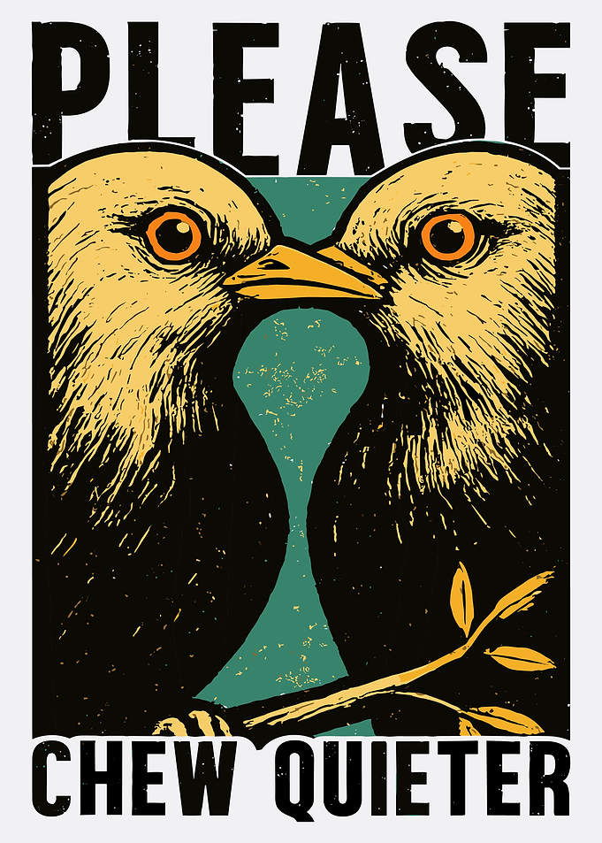 Please Chew Quieter Birds Poster, Vintage Bird Wall Art, Humorous Kitchen Decor Print