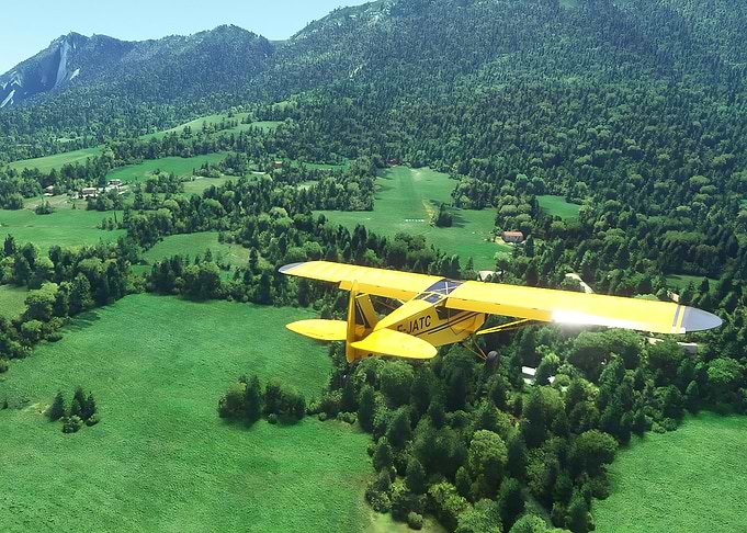 Yellow Airplane Over Green Landscape