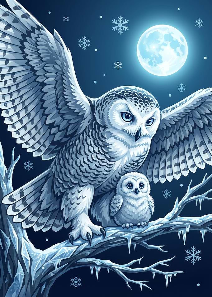 Snowy Owls in Winter Night Scene