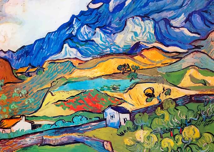 Landscape Painting with Mountains and Houses