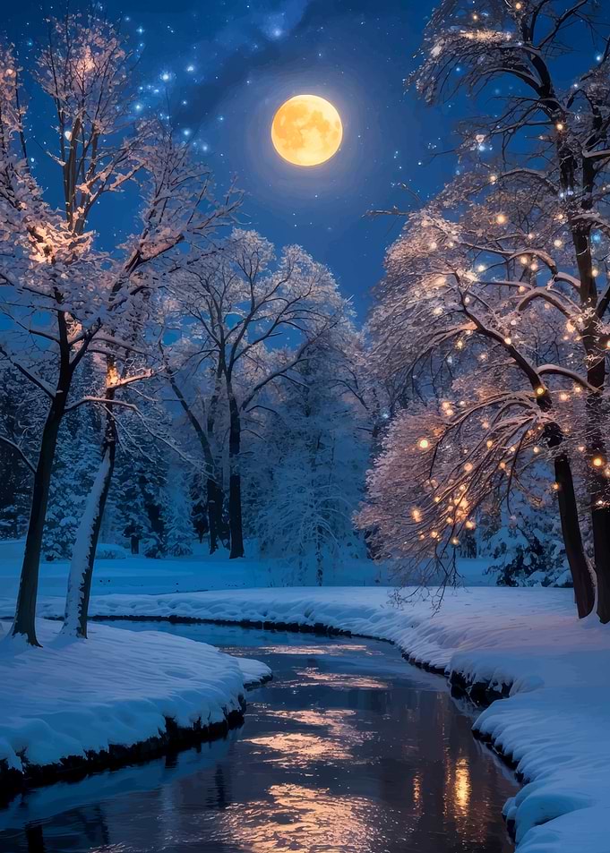 Winter Night Landscape with Full Moon