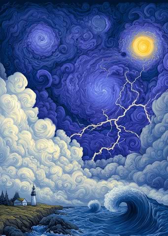 Lighthouse under stormy sky painting