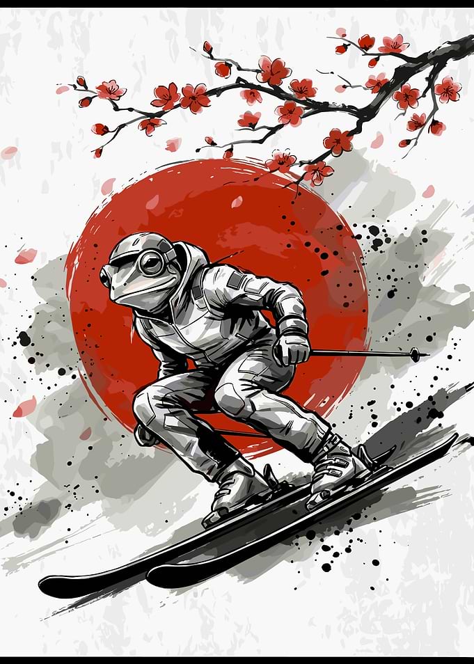 Frog Skier with Japanese Art Style