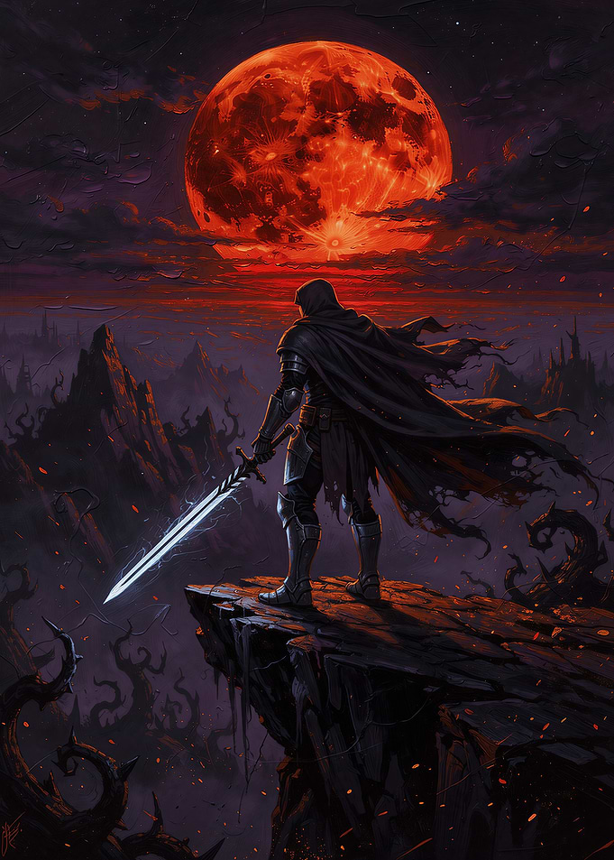 Warrior on Cliff Under Blood Moon