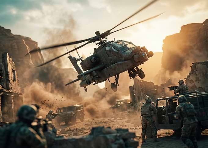 Military Operation with Helicopter and Soldiers