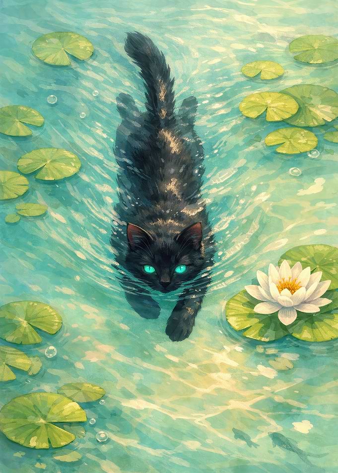 Cat Swimming in Lily Pond