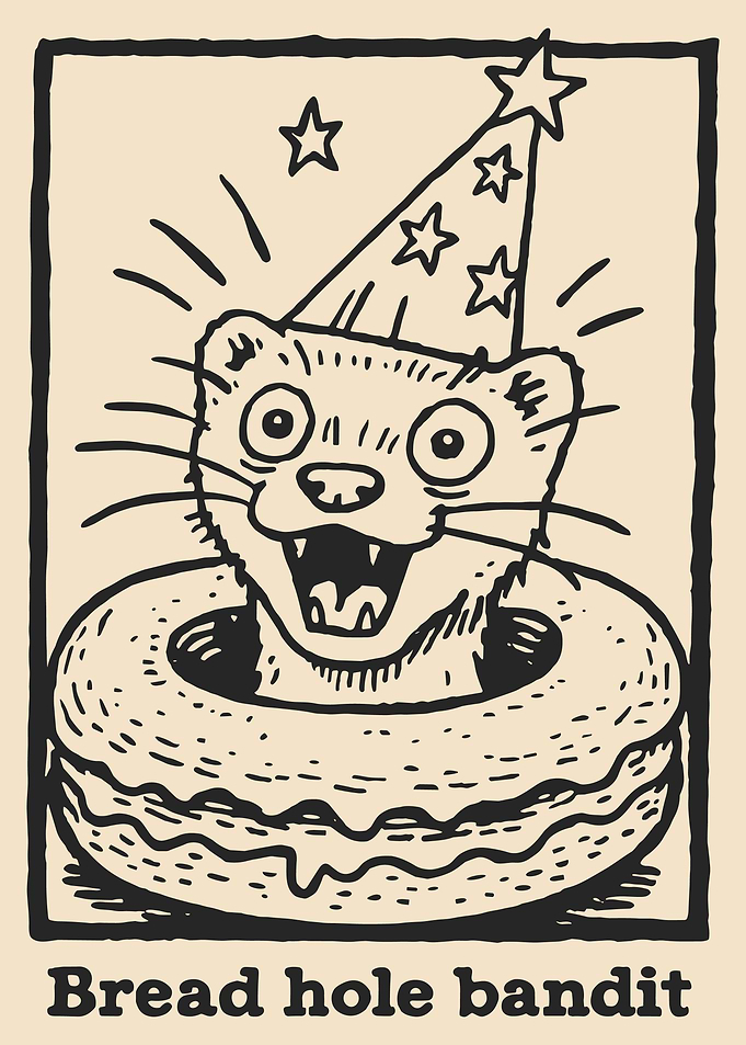 Cute Ferret Donut Poster, Funny Animal Wall Art, Whimsical Party Illustration Print