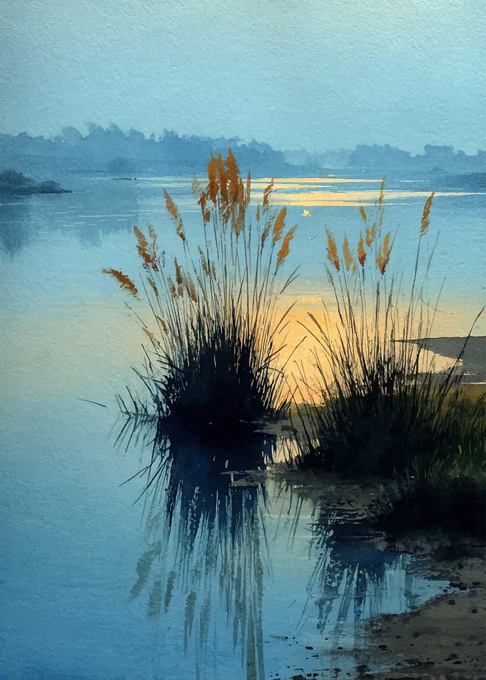 Watercolor painting of a tranquil lake