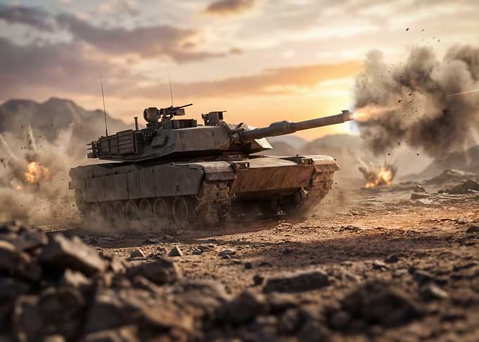Tank firing in desert landscape