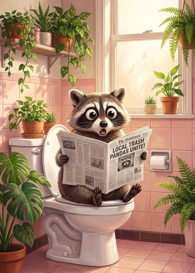 Surprised Raccoon Reading Newspaper on Toilet