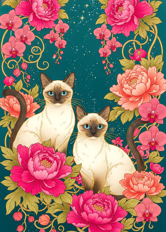 Siamese Cats and Floral Arrangement