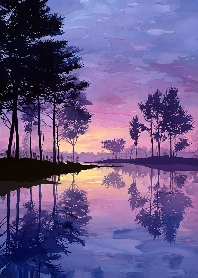 Watercolor Lake Sunset