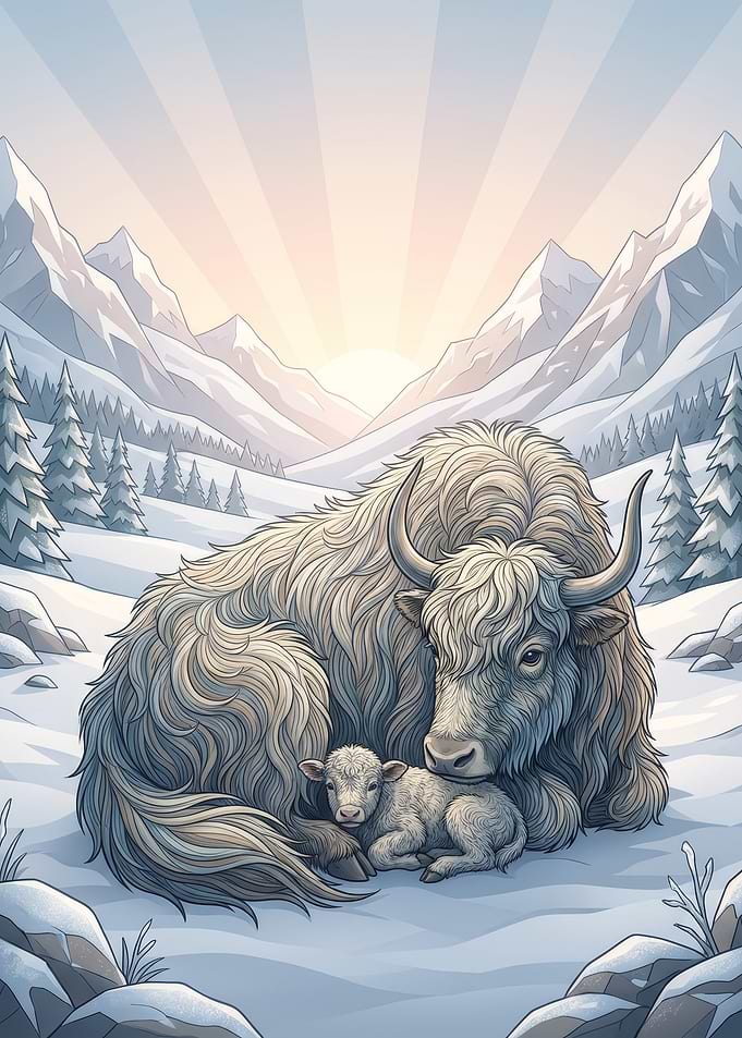 Yak and Calf in Snowy Mountains