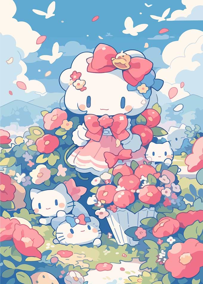 Cute Hello Kitty Character in Flower Garden