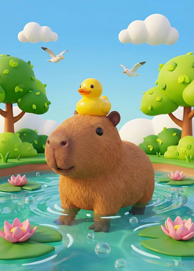 Capybara with Duck on Head