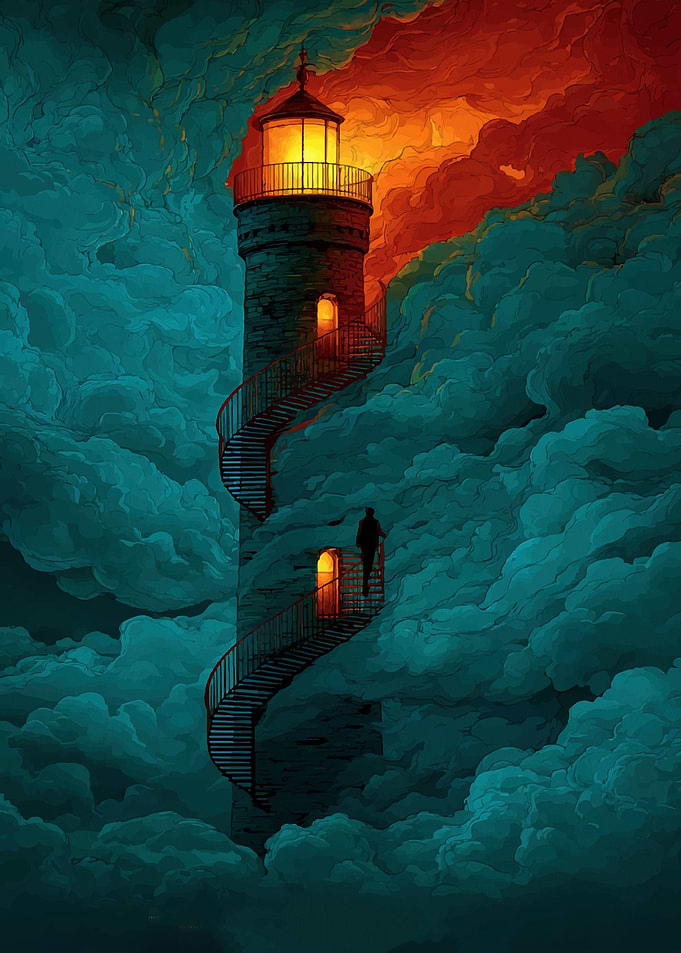 Lighthouse in the Clouds with Stairs