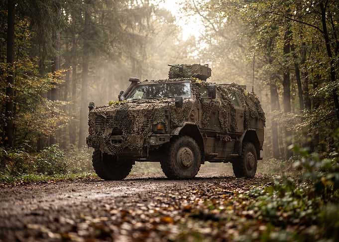 Camouflaged Military Vehicle in Forest