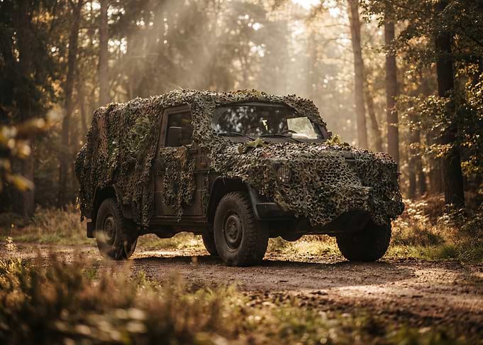 Camouflaged Military Vehicle in Forest